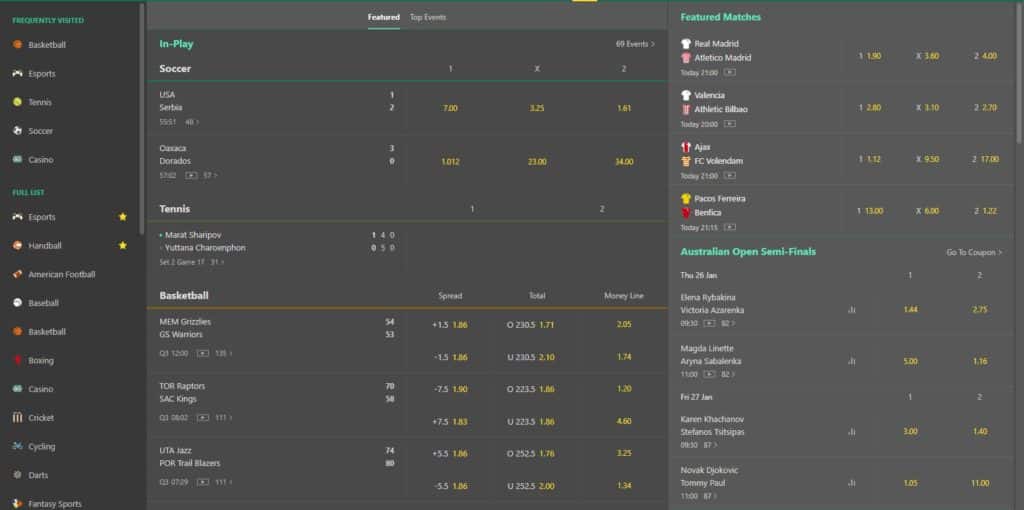 Izgled sučelja Bet365 kladionice